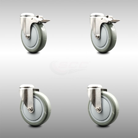 Service Caster 5 Inch 316SS Gray Polyurethane Swivel Bolt Hole Caster Set with 2 Lock Brake SCC-SS316BHTTL20S514-PPUB-2-S-2